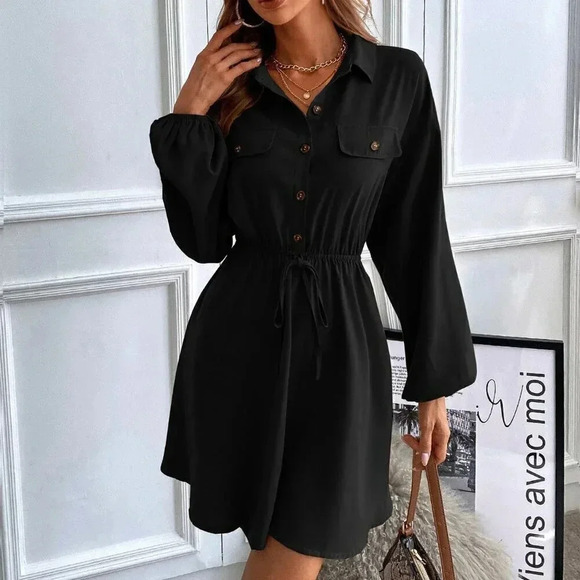 Black Casual Women's Lantern Sleeve Flap Detail Shirt Dress Without Belt - Picture 2 of 7